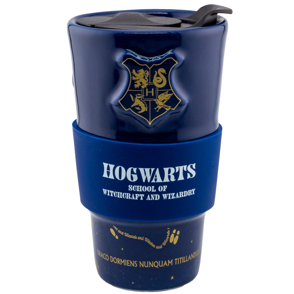 Harry Potter-themed Blue Ceramic Travel Mug with Gold Text and Silicone Lid