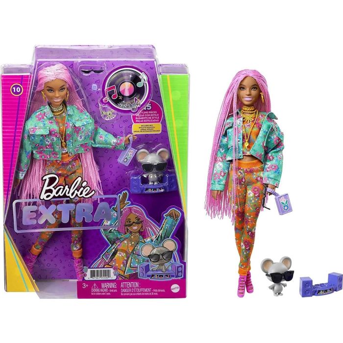 10-Inch Barbie Extra Doll in Floral Print Jacket with Stunning Pink Braids