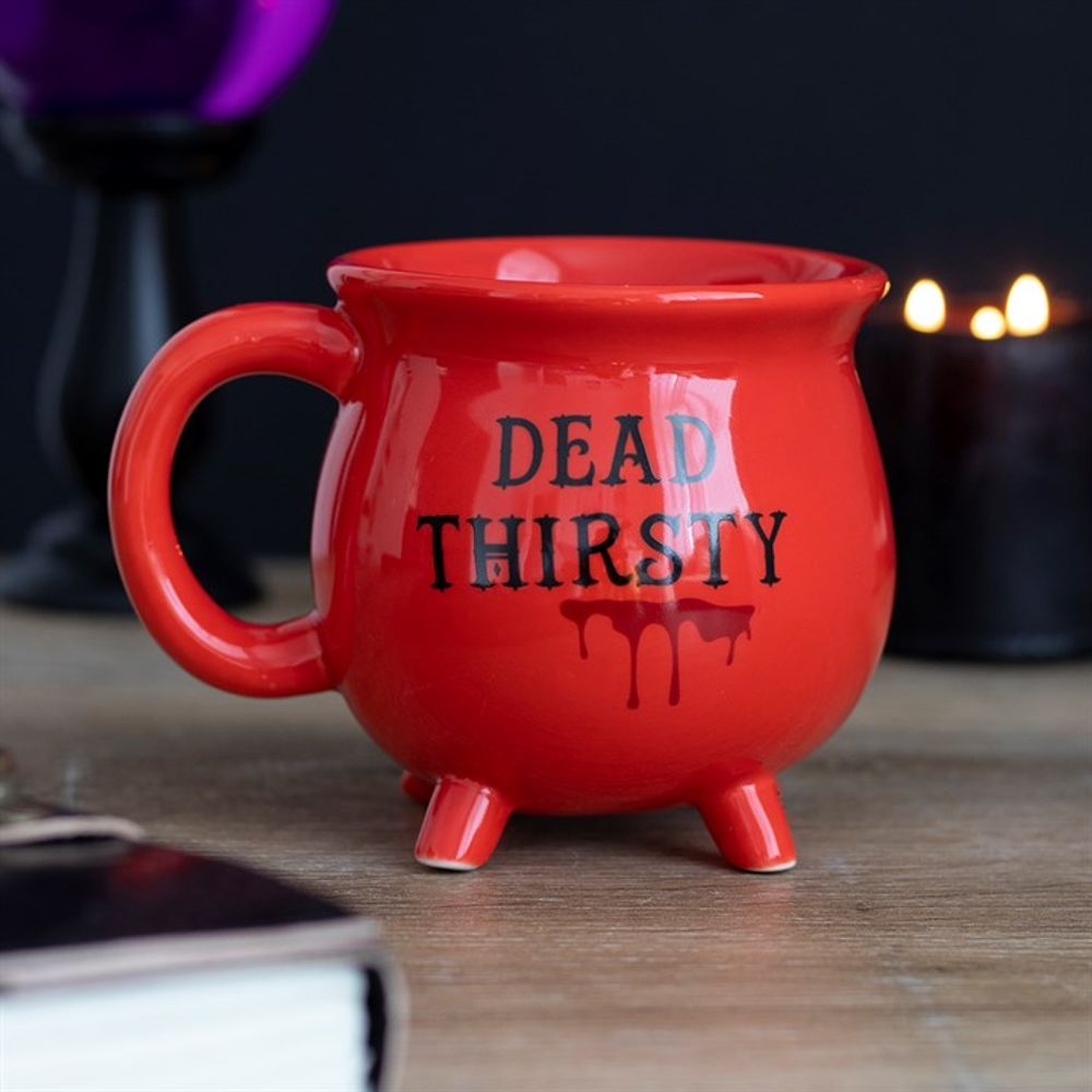 Red Cauldron Shaped Mug with 'Dead Thirsty' Words for Morbid Humor Lovers