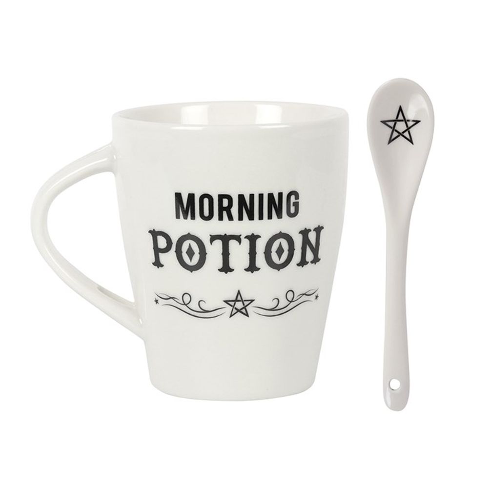 Exquisite White Ceramic Morning Potion Coffee Mug and Spoon Set
