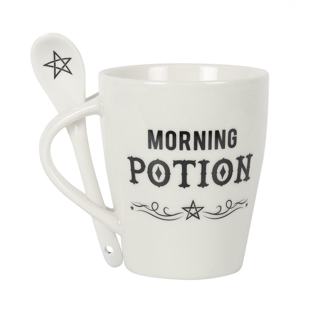 Exquisite White Ceramic Morning Potion Coffee Mug and Spoon Set