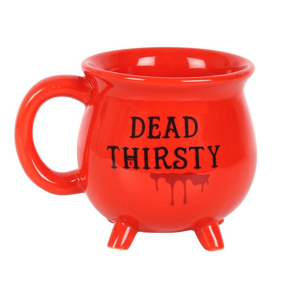 Red Cauldron Shaped Mug with 'Dead Thirsty' Words for Morbid Humor Lovers