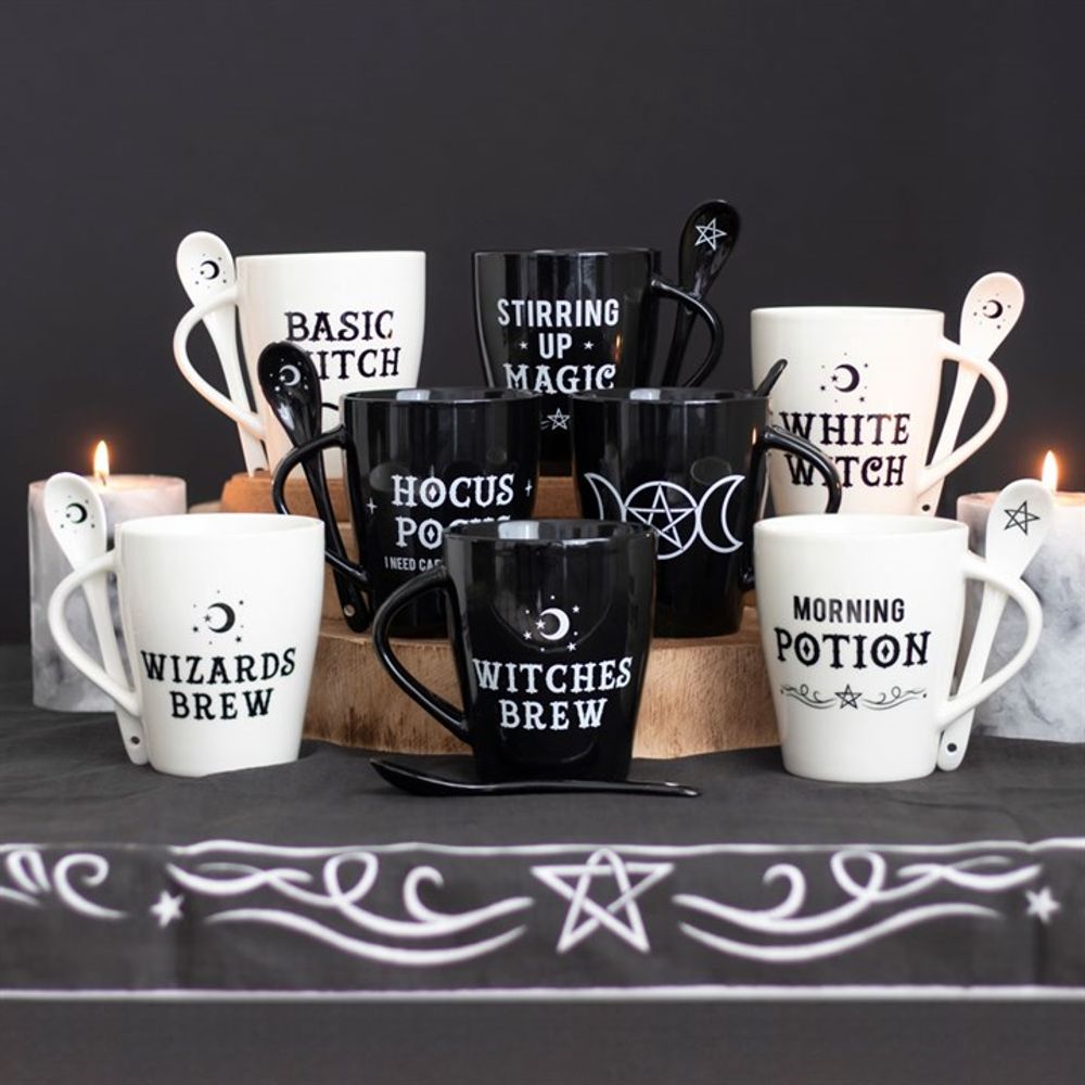 Exquisite White Ceramic Morning Potion Coffee Mug and Spoon Set