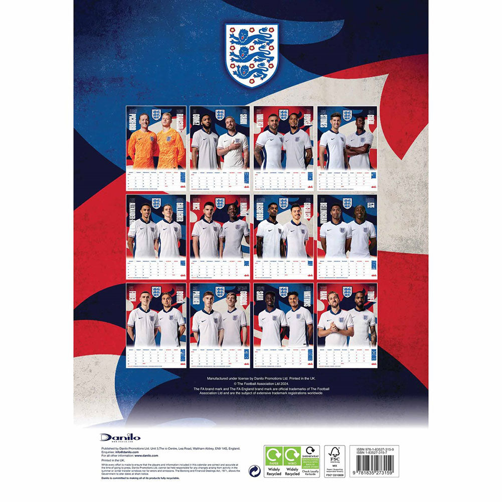 2025 England Football Association A3 Wall Calendar Featuring Star Players