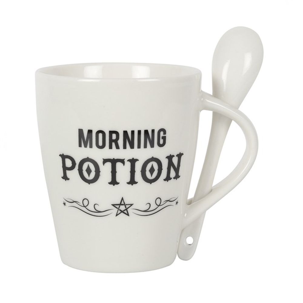 Exquisite White Ceramic Morning Potion Coffee Mug and Spoon Set