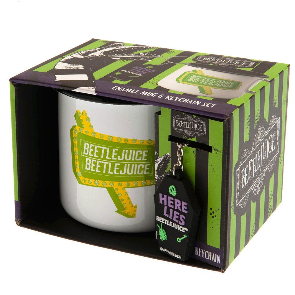 Beetlejuice Themed Enamel Coffee Mug and Collectible EVA Keyring Gift Set