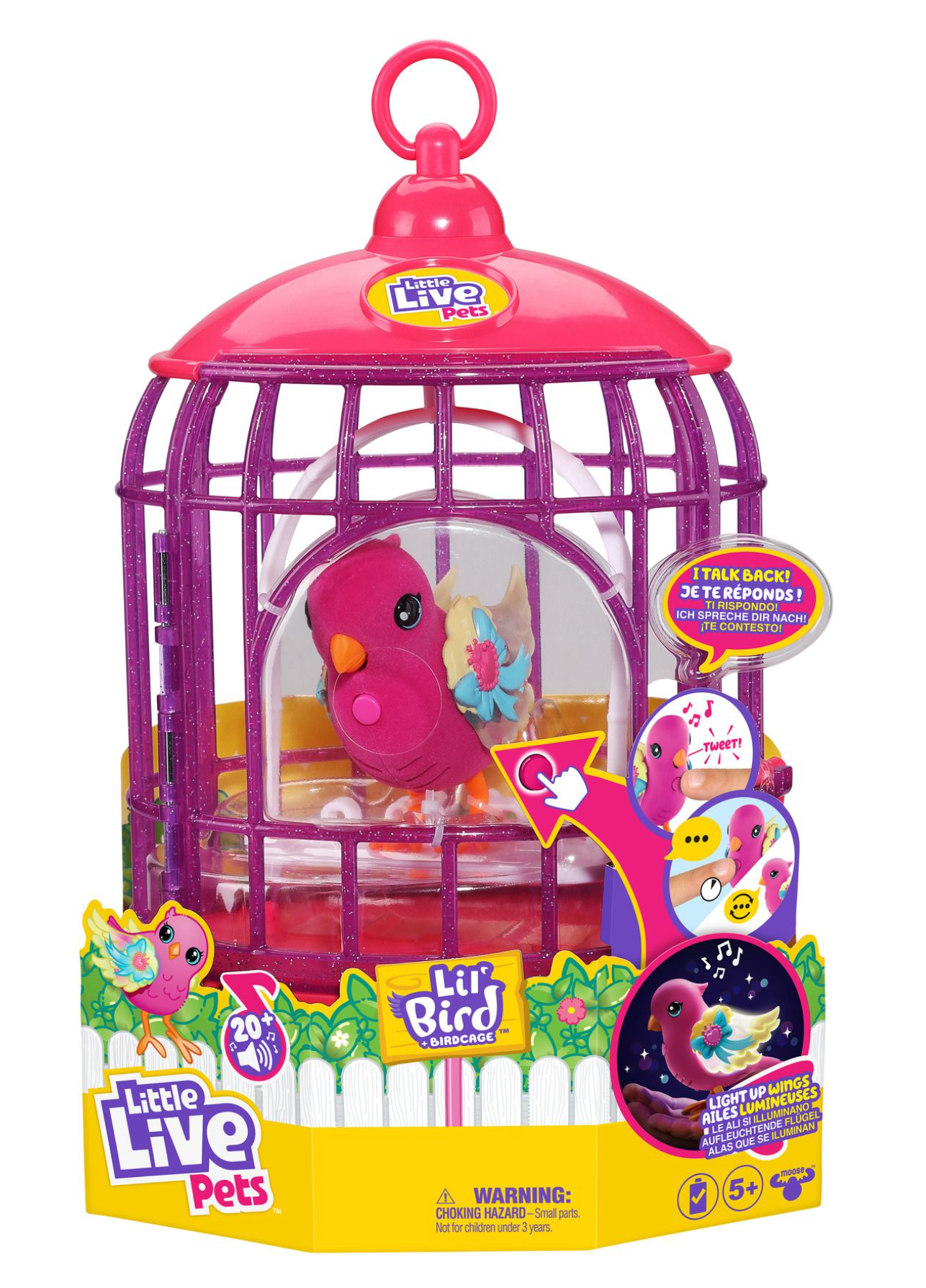 Little Live Pets Interactive Lil' Bird Toy with Magical Light - Up Wings and a Cute Bird Cage, Named Polly Pearl