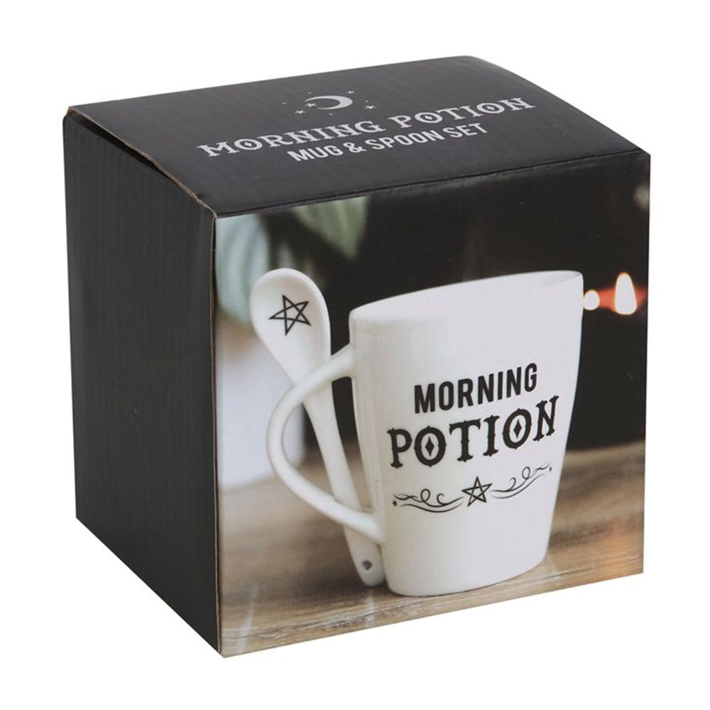 Exquisite White Ceramic Morning Potion Coffee Mug and Spoon Set