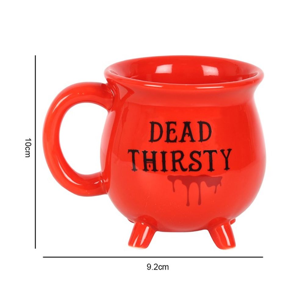 Red Cauldron Shaped Mug with 'Dead Thirsty' Words for Morbid Humor Lovers