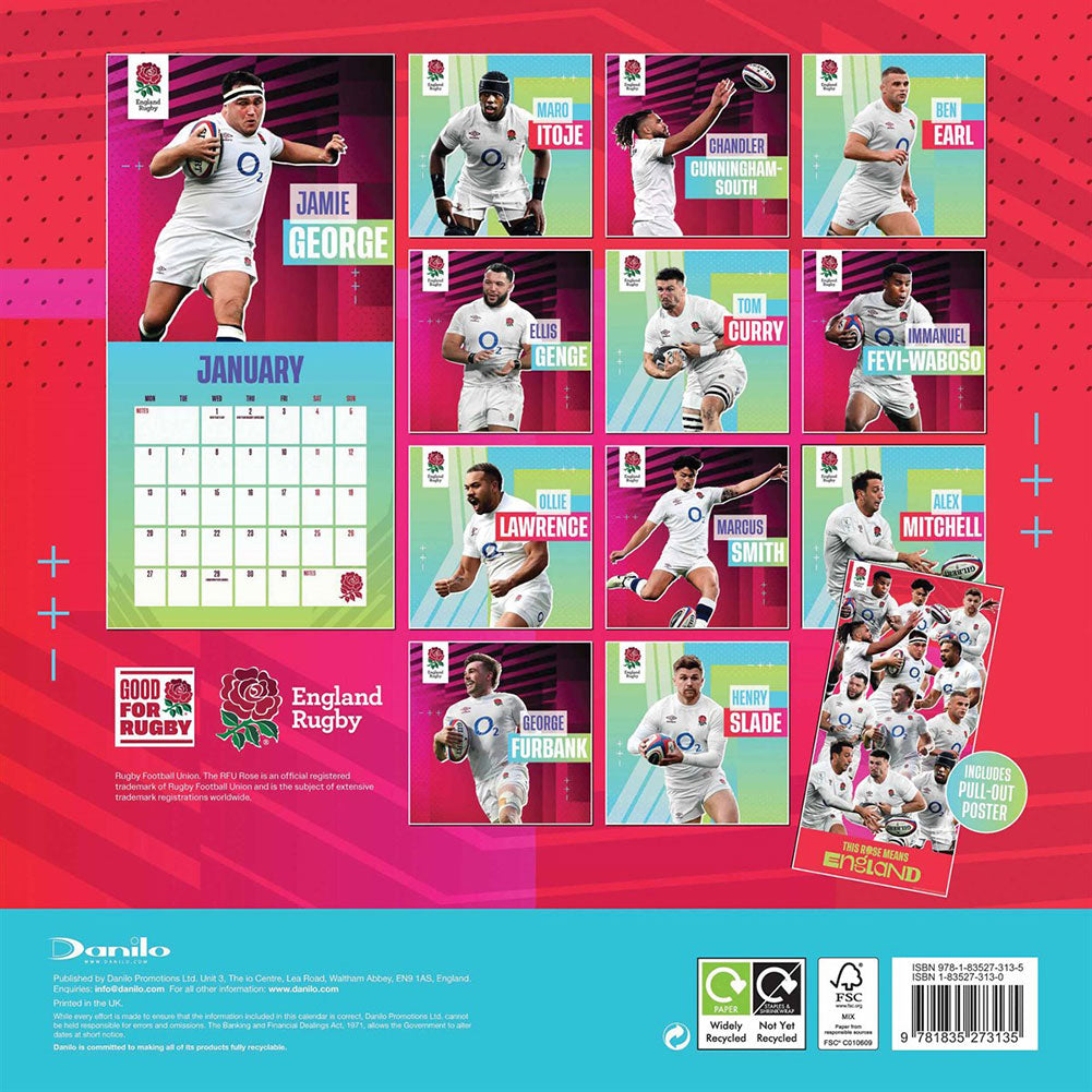 2025 England RFU Square Wall Calendar with Favourite Rugby Players
