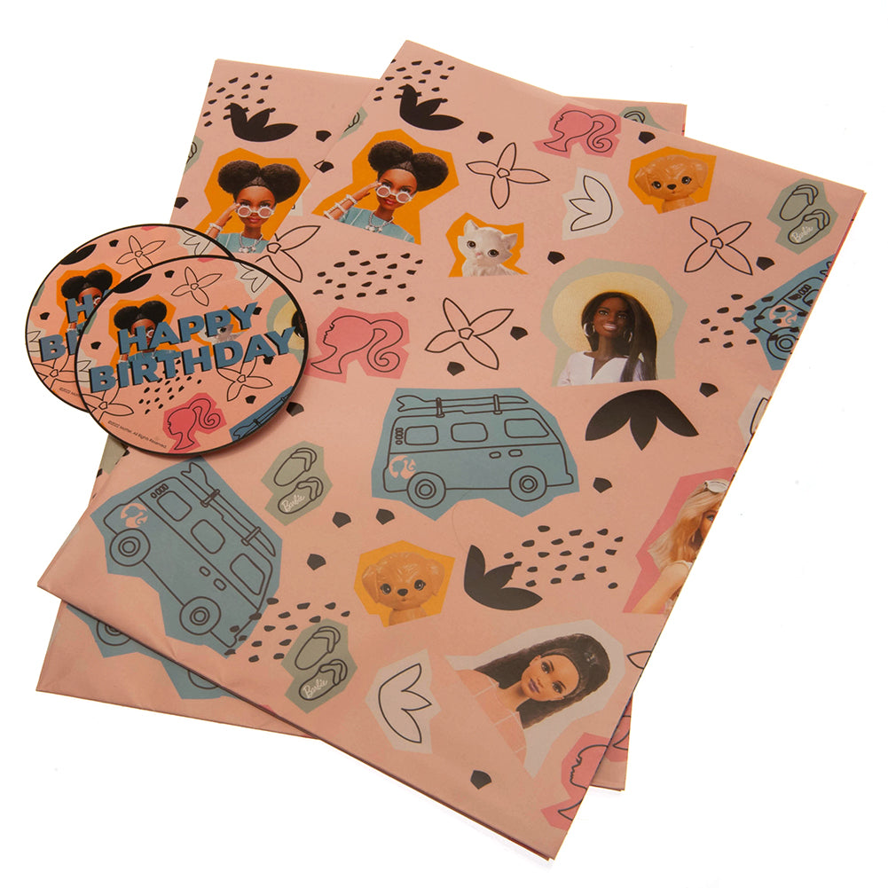 Colorful Barbie Themed Gift Wrap Sheets with Happy Birthday Tags
