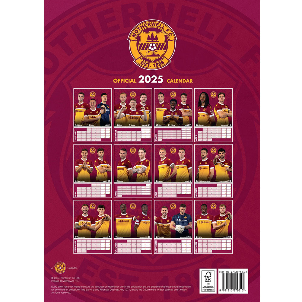 2025 Motherwell Football Club A3 Wall Calendar for Your Home or Office