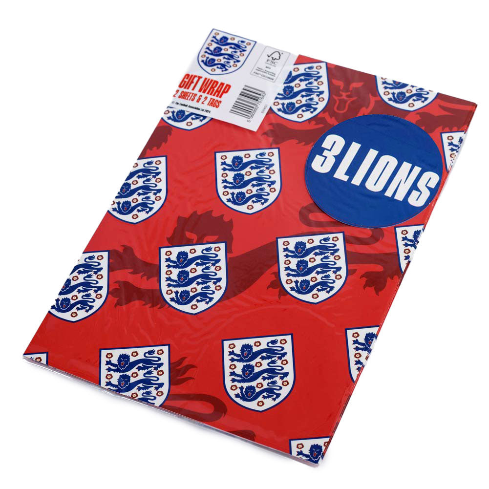 Colorful England FA Crest Repeat Pattern Gift Wrap with Blue Tags