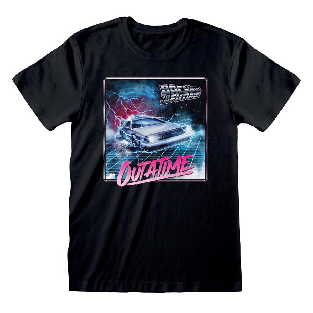 100% Cotton Black Unisex Back to the Future Outa Time Neon Print T-Shirt