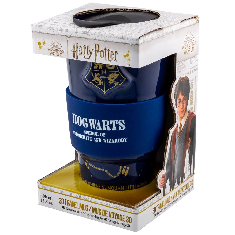 Harry Potter-themed Blue Ceramic Travel Mug with Gold Text and Silicone Lid