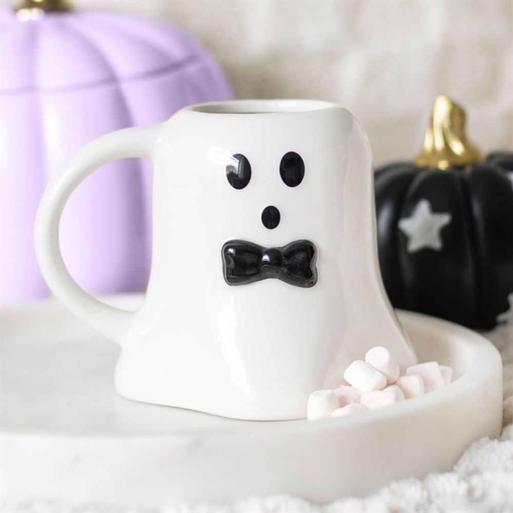 Charming Mr Boo Ghost Mug with a Stylish Black Bow Tie