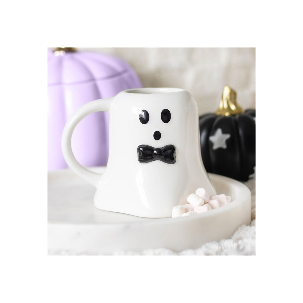 Charming Mr Boo Ghost Mug with a Stylish Black Bow Tie