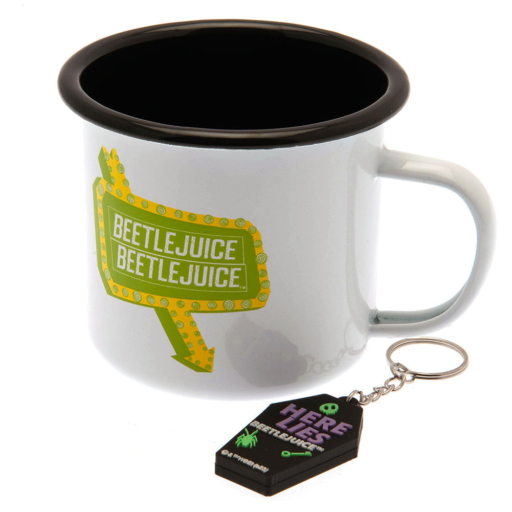 Beetlejuice Themed Enamel Coffee Mug and Collectible EVA Keyring Gift Set