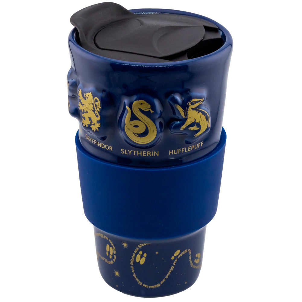 Harry Potter-themed Blue Ceramic Travel Mug with Gold Text and Silicone Lid