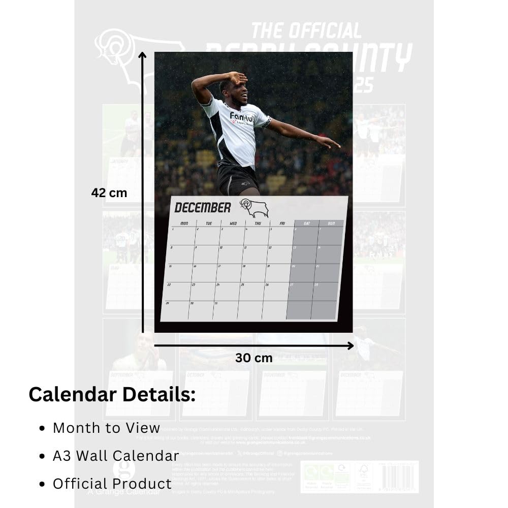2025 Derby County FC A3 Wall Calendar with Player Photos