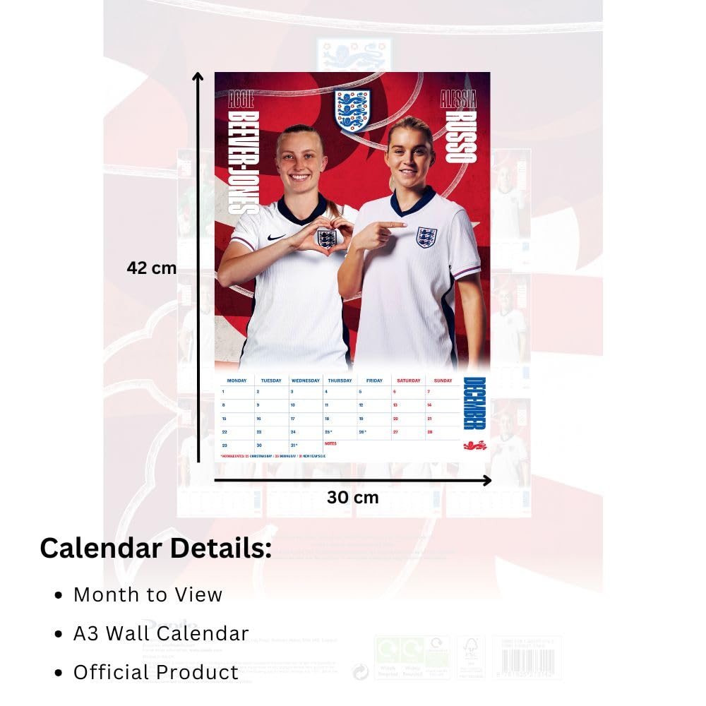2025 England Lionesses A3 Wall Calendar with Favourite Women's FA Players