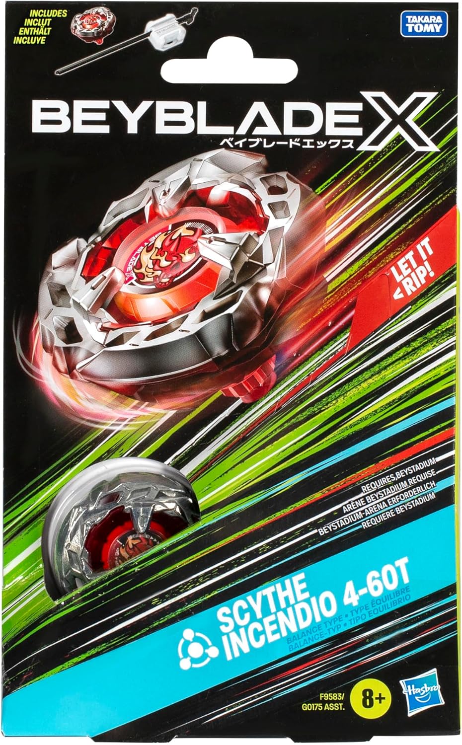 Beyblade X Starter Pack: Scythe Incendio 4 - 60T Spinning Top and Launcher for Competitive Battle Toys