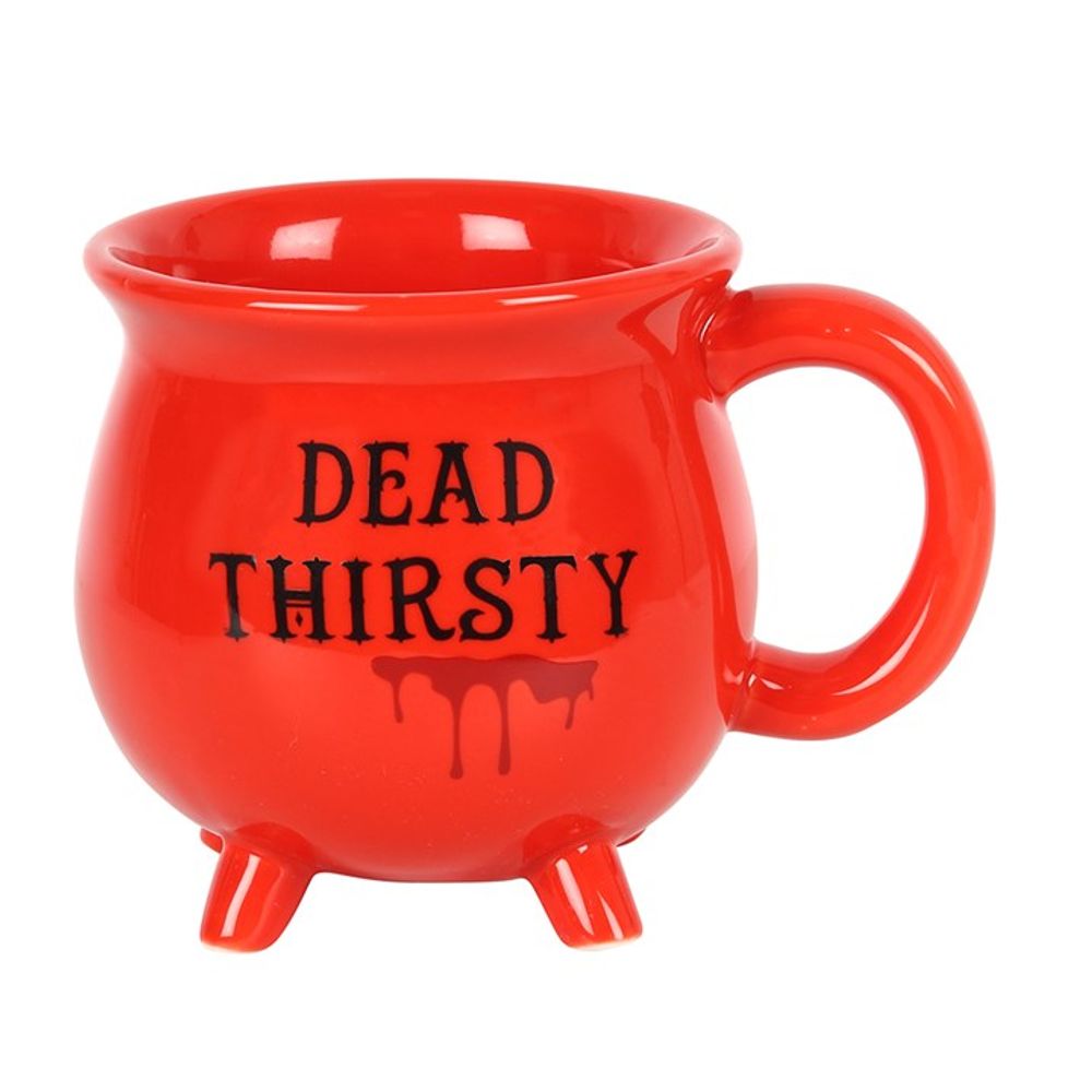 Red Cauldron Shaped Mug with 'Dead Thirsty' Words for Morbid Humor Lovers