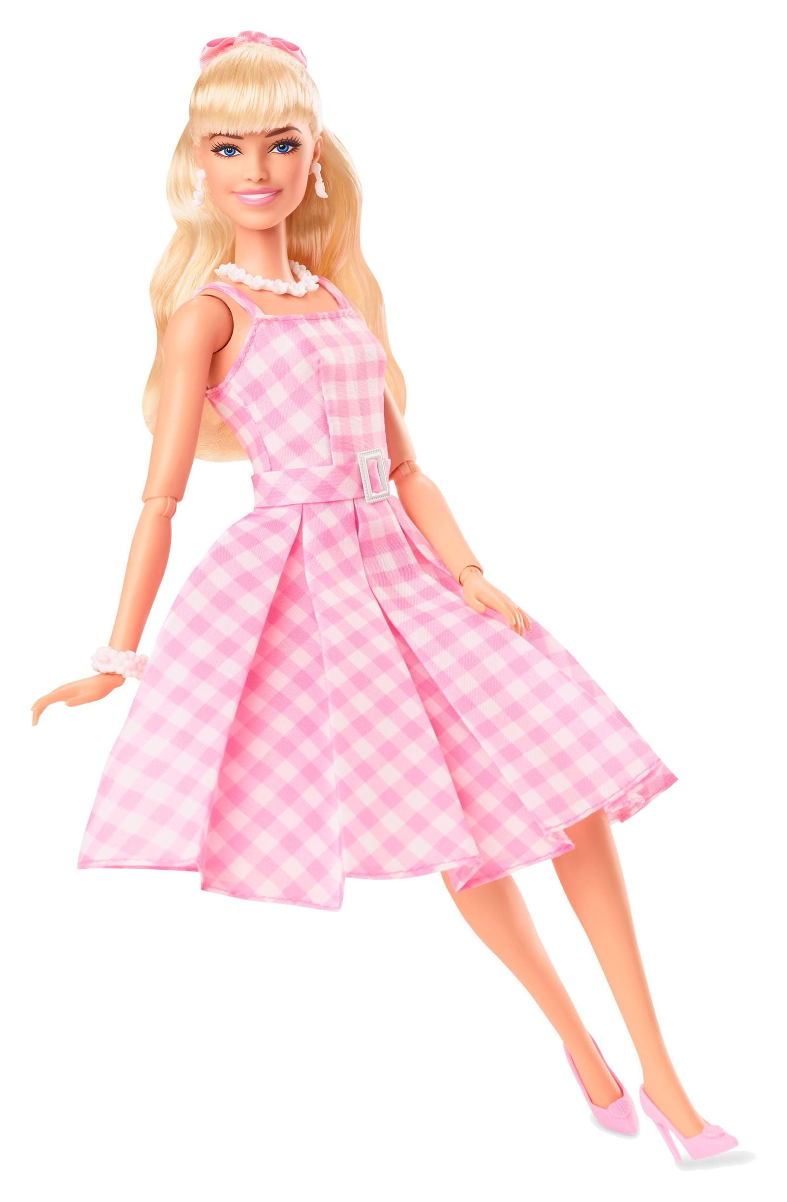 Margot Robbie as Barbie in a Charming Pink Gingham Dress from Barbie The Movie