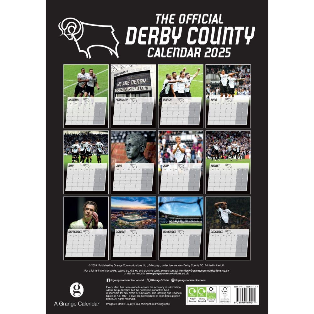 2025 Derby County FC A3 Wall Calendar with Player Photos