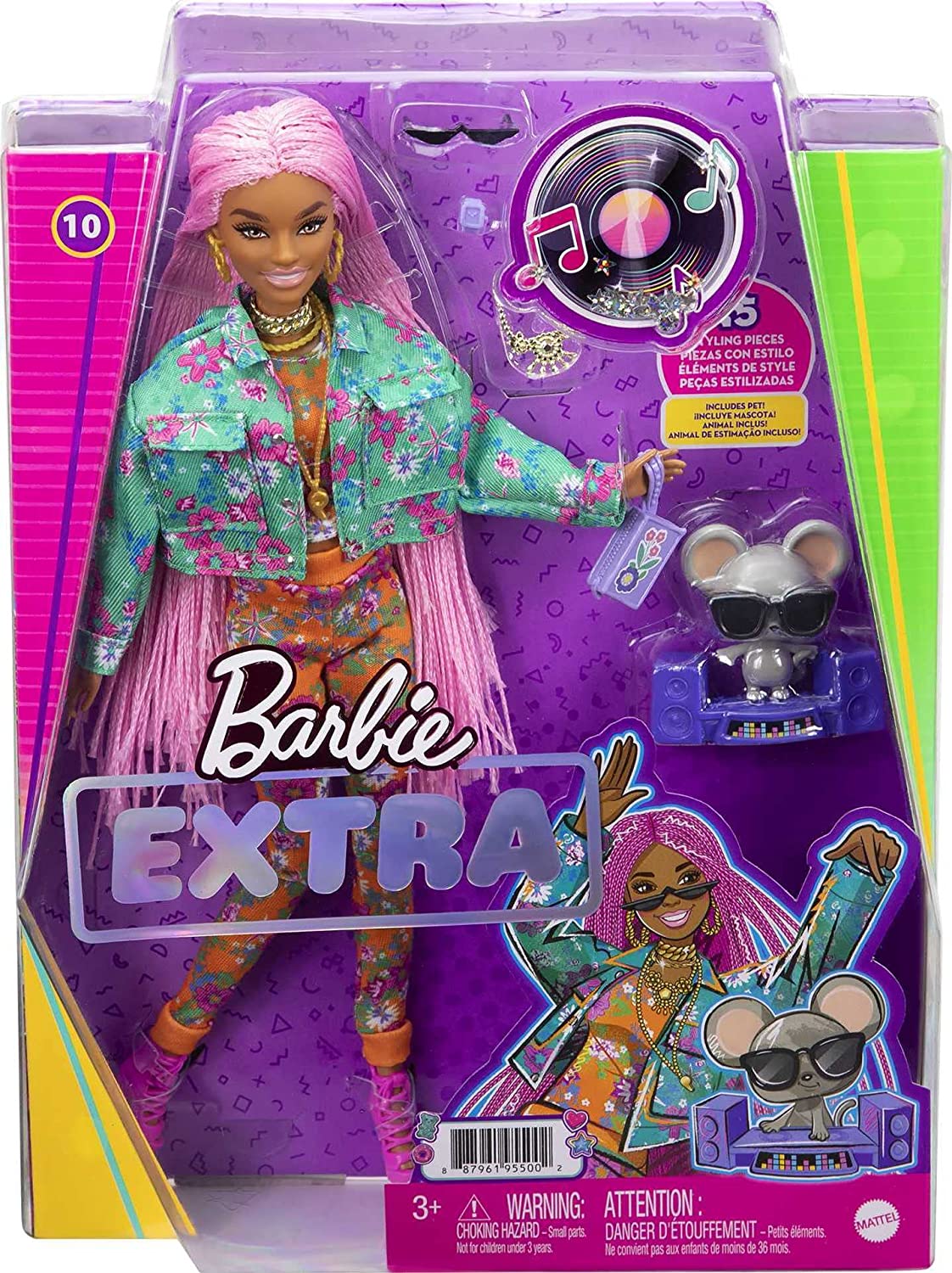 10-Inch Barbie Extra Doll in Floral Print Jacket with Stunning Pink Braids