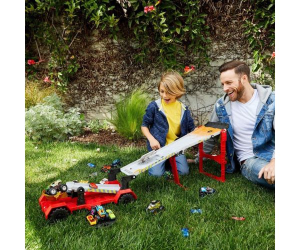 Hot Wheels Monster Trucks Downhill Racing Set with Crash and Transport Features