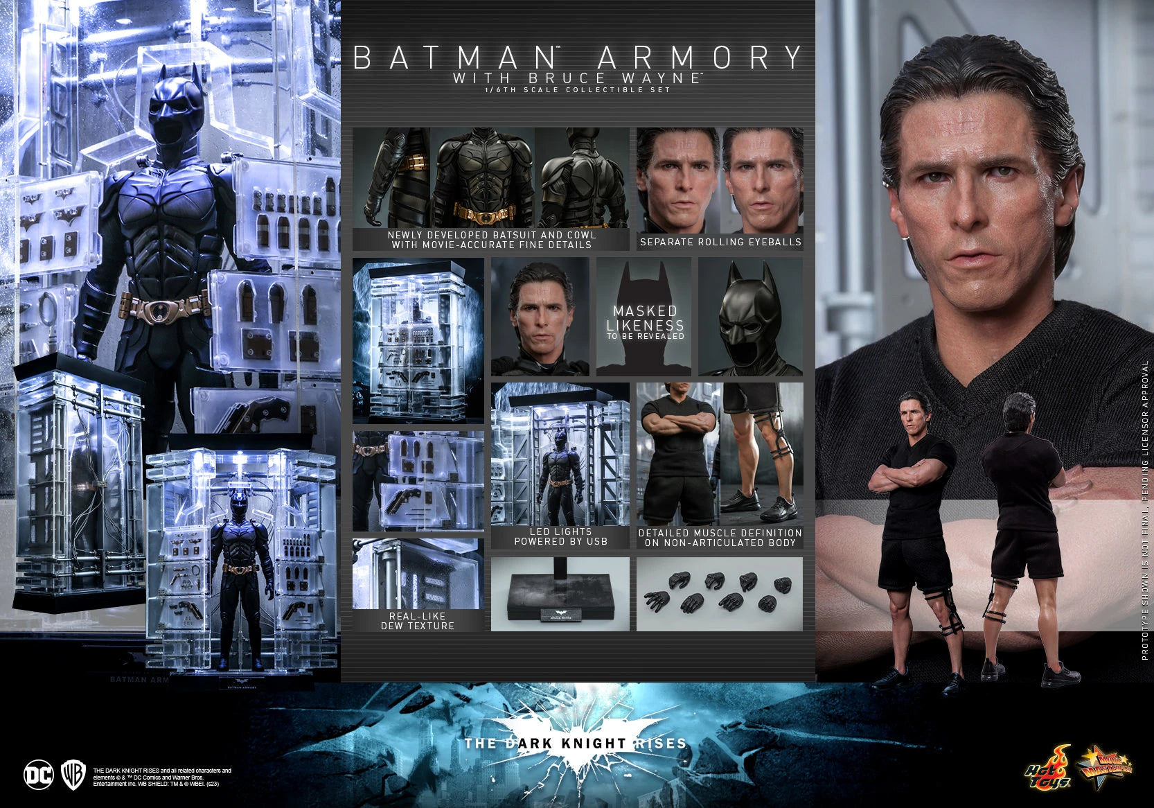 Hot Toys 1/6th Scale Collectible Set of The Dark Knight Rises Batman Armory along with Bruce Wayne Figure