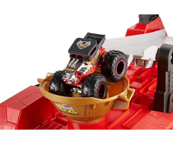 Hot Wheels Monster Trucks Downhill Racing Set with Crash and Transport Features