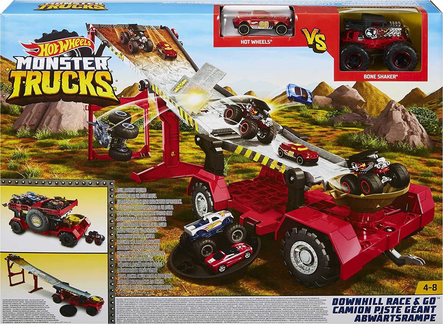 Hot Wheels Monster Trucks Downhill Racing Set with Crash and Transport Features