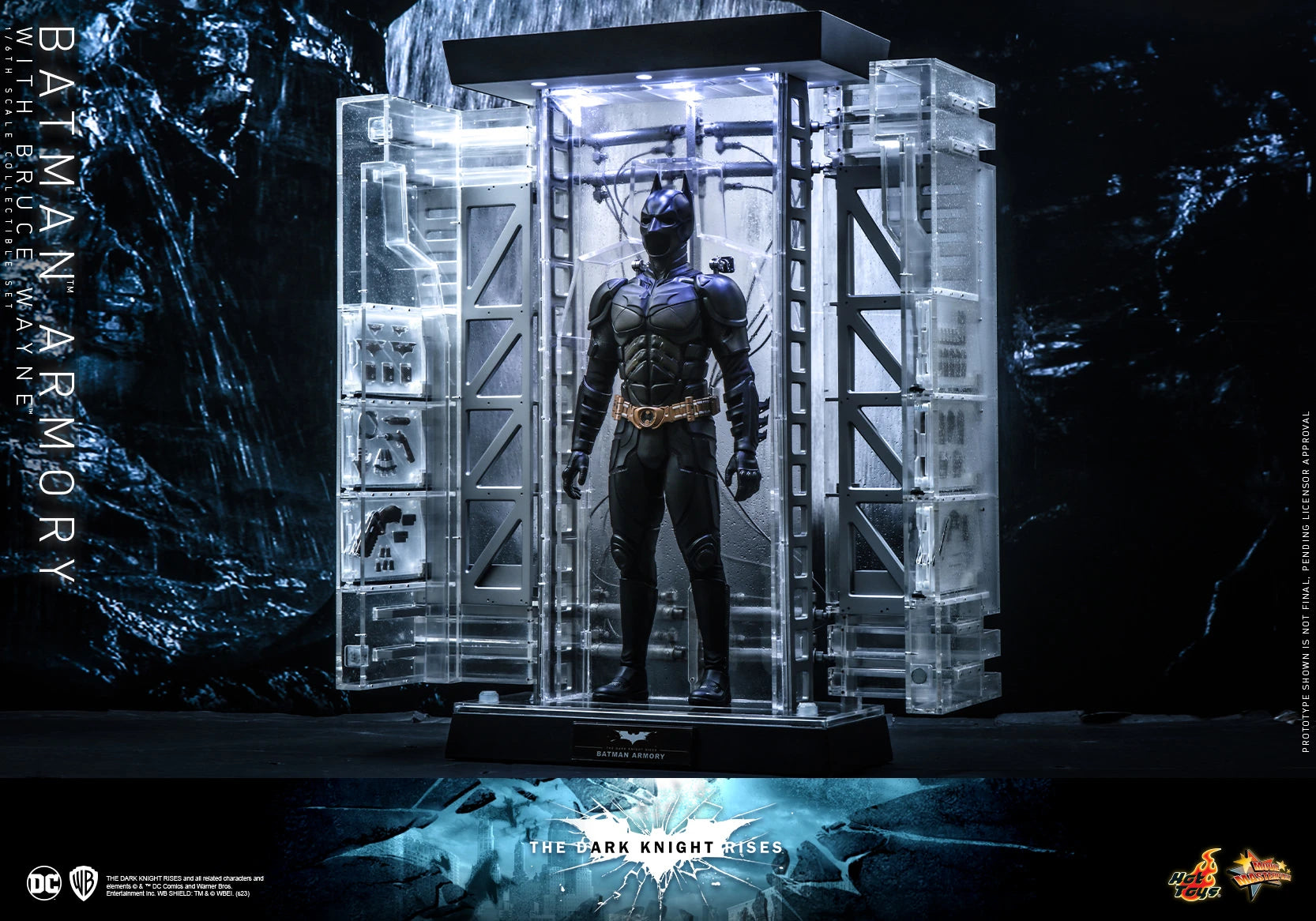 Hot Toys 1/6th Scale Collectible Set of The Dark Knight Rises Batman Armory along with Bruce Wayne Figure