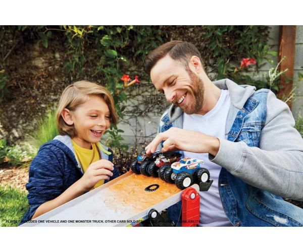 Hot Wheels Monster Trucks Downhill Racing Set with Crash and Transport Features