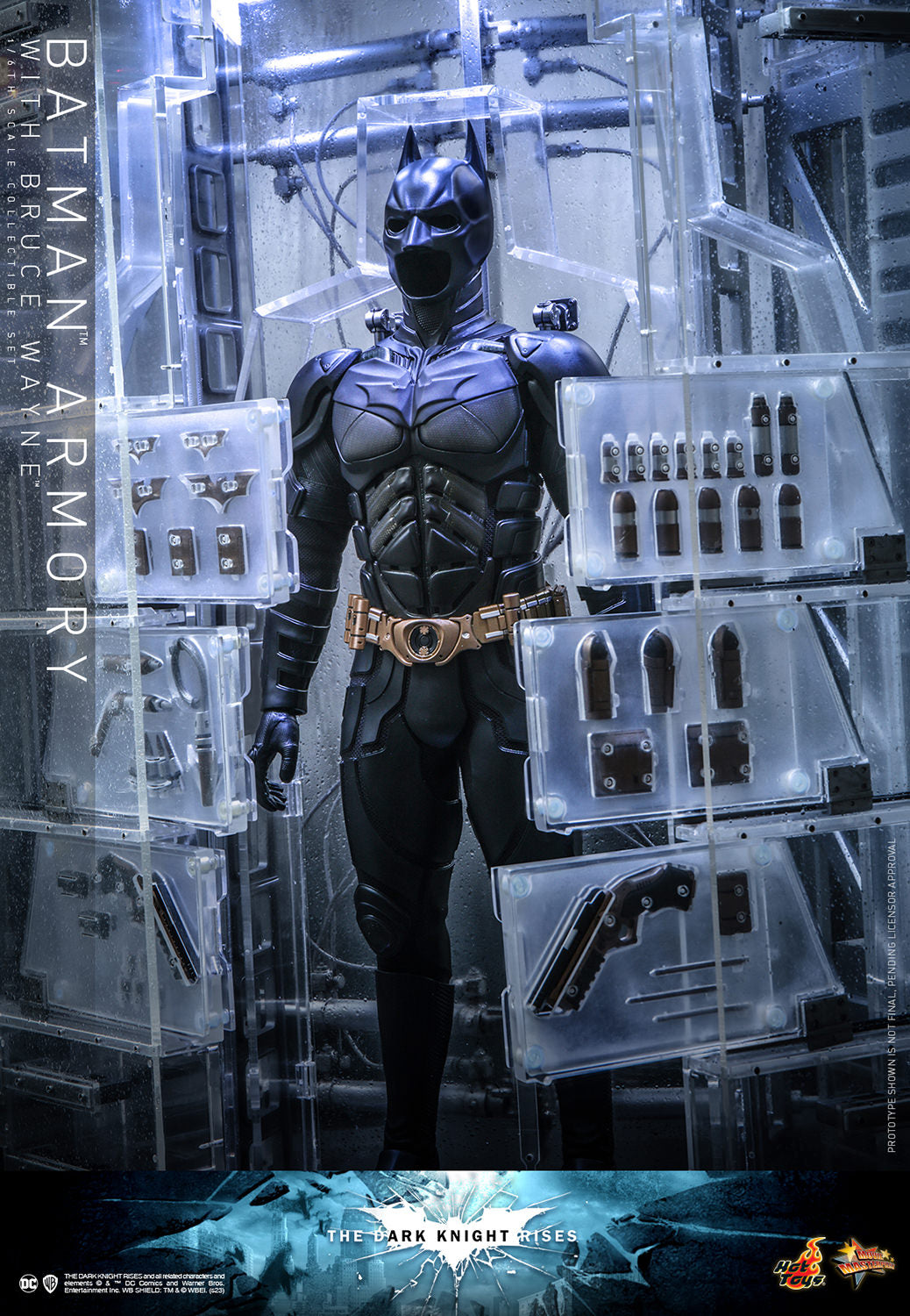 Hot Toys 1/6th Scale Collectible Set of The Dark Knight Rises Batman Armory along with Bruce Wayne Figure
