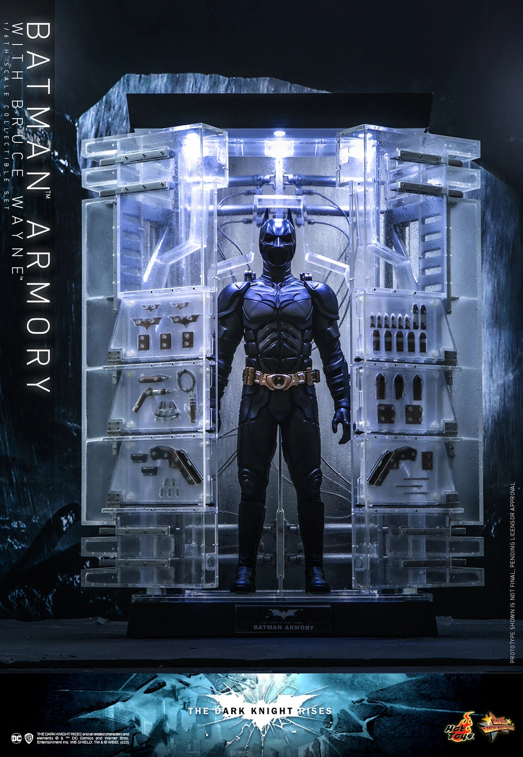 Hot Toys 1/6th Scale Collectible Set of The Dark Knight Rises Batman Armory along with Bruce Wayne Figure