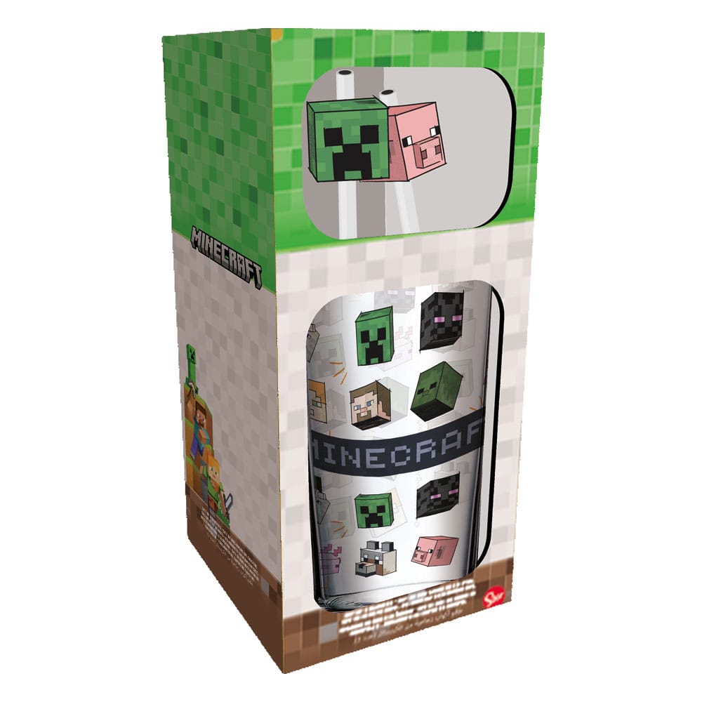 Officially Licensed Minecraft-themed Glass Drinking Tumbler with Character Straws