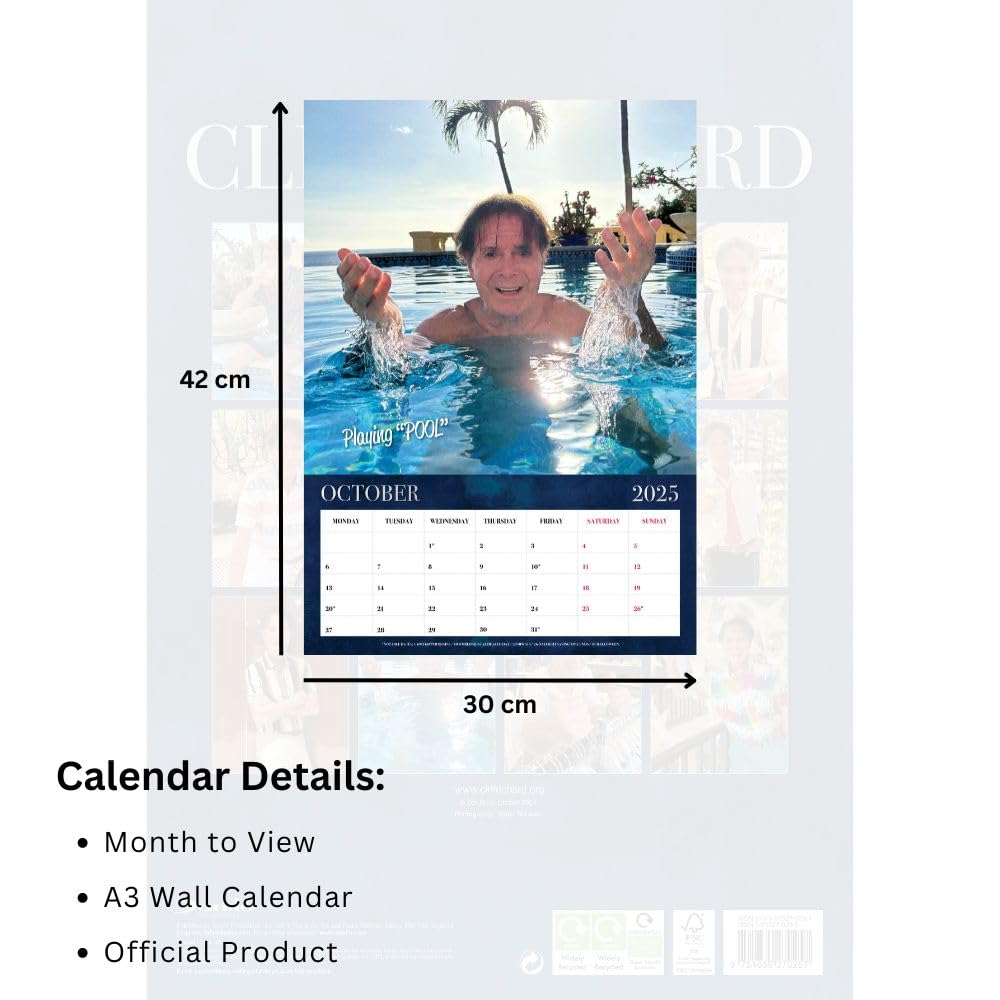 2025 A3 Wall Calendar Showcasing Images of the Iconic Pop Star Cliff Richard